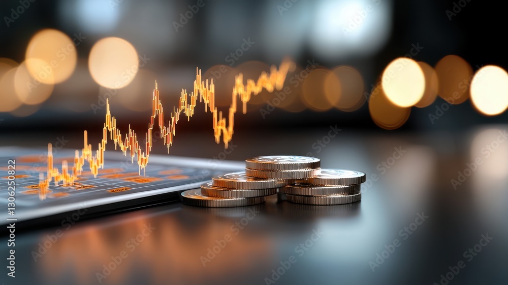 Poster financial data analytics and market trends displayed on a digital dashboard with bull and bear chart
