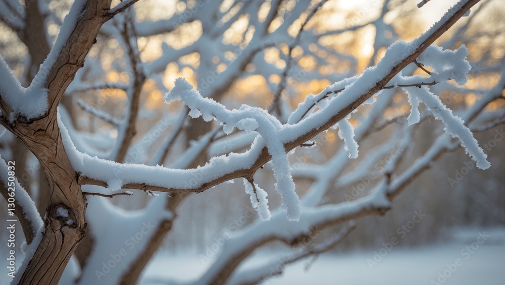 Poster detailed view of white snow resting on bare tree branches during a cold winter day. focused perspect
