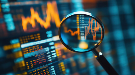 Close-up of a magnifying glass over stock market data, symbolizing financial analysis