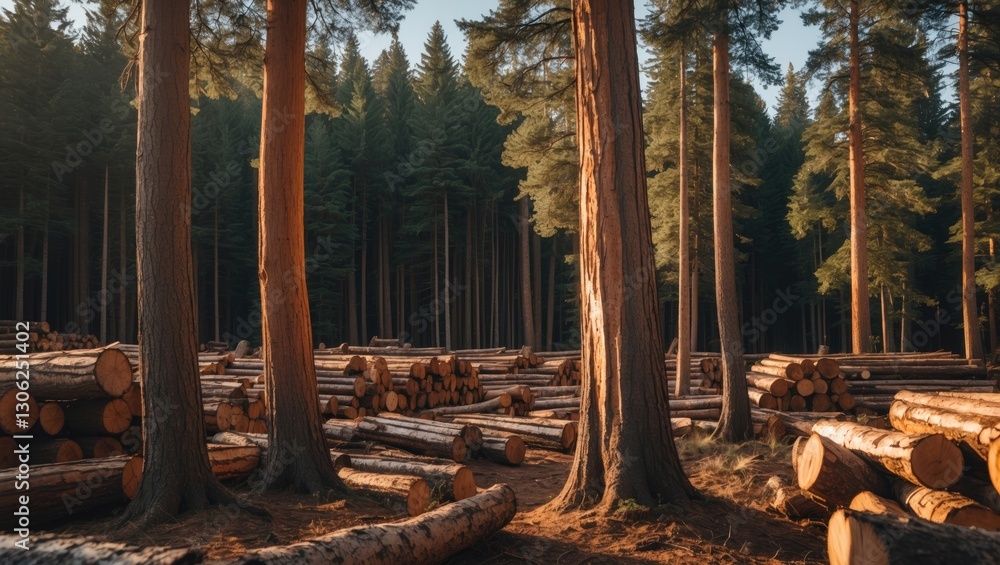 Poster pine and spruce woodland with log piles. timber industry's logging scene featuring timber stacks in 