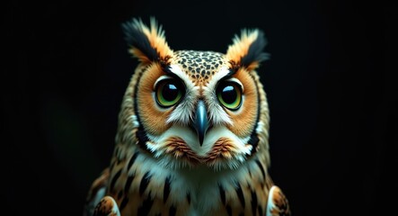 Obraz premium Intense close-up of a barred owl gazing upward against a dark backdrop