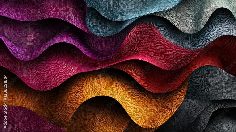Poster colorful, wavy textured fabric layers create an artistic, abstract composition with rich hues and in