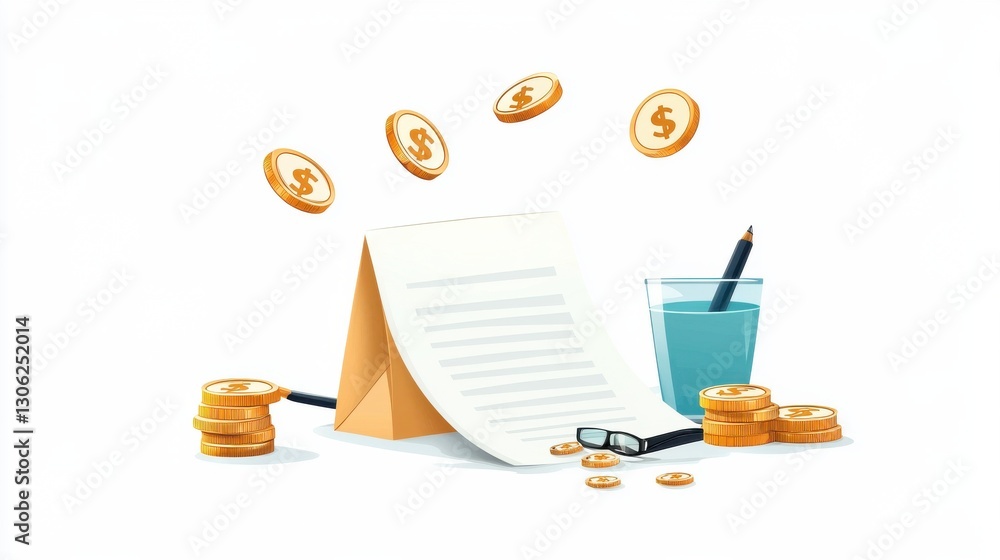Poster financial documents reports and analytical graphs with golden dollar coins floating and falling arou