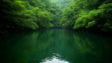 Dark Green Tropical River With Lush Vegetation