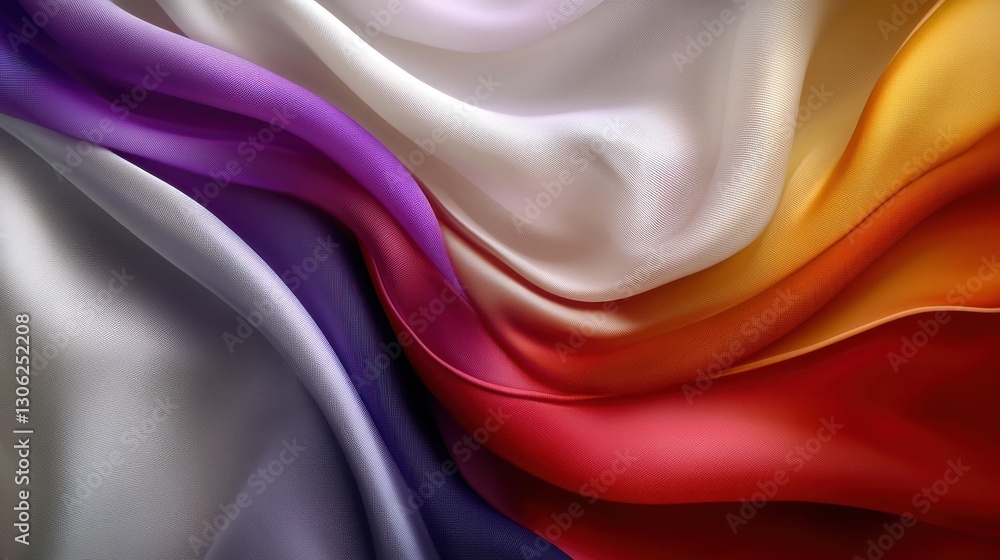 Poster a vibrant array of flowing, silky fabric showcasing rich colors, creating a visually appealing textu