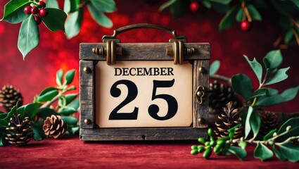 a rustic calendar displaying December 25 against a rich red background adorned with green holiday decorations.