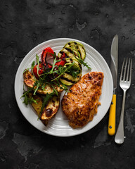 Baked turkey breast, grilled vegetables - potatoes, zucchini, pepper, arugula - a delicious balanced lunch