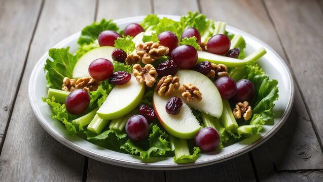 Waldorf salad featuring red grapes, celery, fresh green apples, walnuts, and raisins arranged on fresh lettuce leaves, served on a white plate atop a wooden table, vertical perspective.