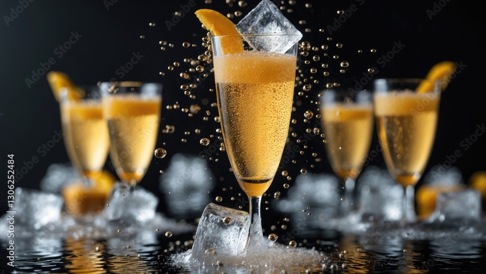 Poster detailed view of a sparkling champagne mimosa being poured