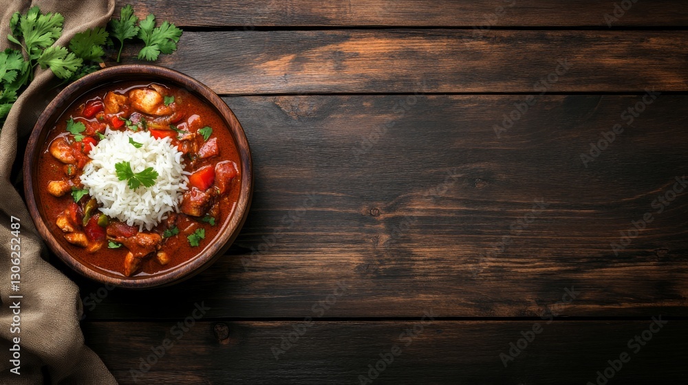Poster fragrant chicken curry is plated beautifully with steamed rice, garnished with fresh coriander, pres