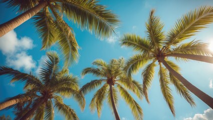 Perspectives of palm trees against a sunny sky from ground level