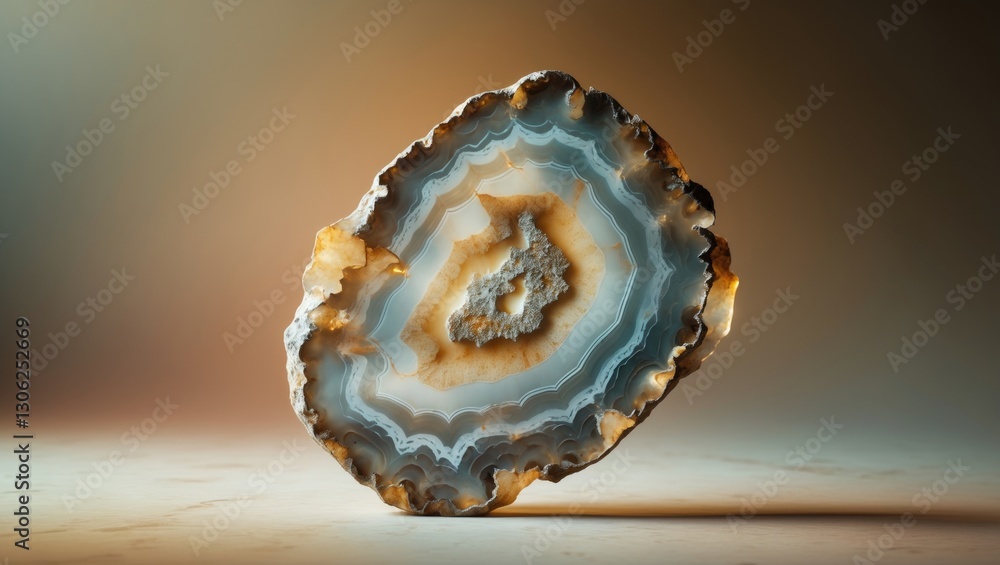 Poster Close-up of a semi-transparent slice of natural agate stone. Intricate circular patterns and mineral textures for use as a backdrop. Surfaces, wallpapers, and backgrounds featuring natural agate st...