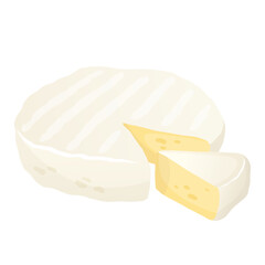 Soft white round cheese. Camembert, brie cut piece. Organic farm food. Design element, cartoon flat illustration for logo, poster, menu. Isolated on white background.