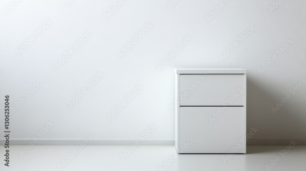 Poster a white wooden bedside table featuring smooth lines and two drawers sits against a seamless white ba
