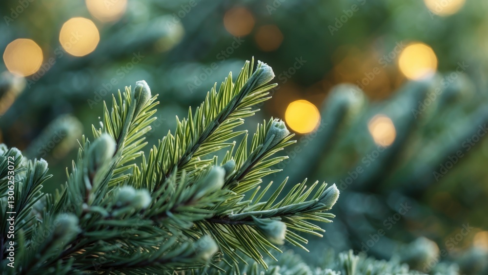 Poster detailed views of tiny conifer needles, lush green pine branches, and a close look at the texture of