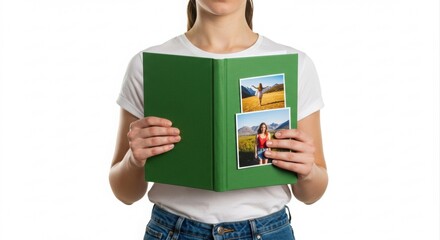 Person holds open photo album displaying travel memories.