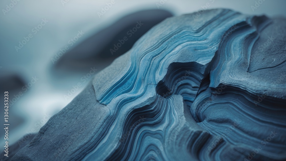 Poster close-up view of a uniquely shaped blue rock. the stone showcases smooth curves and cuts created by 