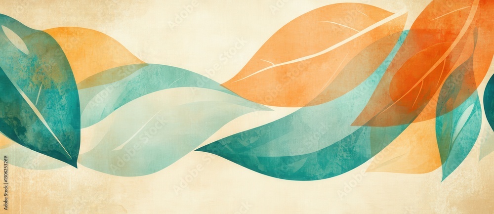 Aufkleber an abstract design featuring flowing leaves in turquoise, orange, and cream tones, creating a soft a