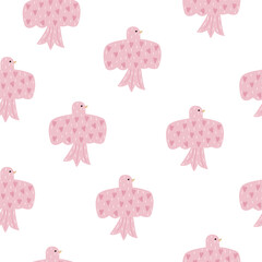 Seamless pattern with pink cartoon birds. Childish cute print. Vector hand drawn illustration.