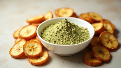 homemade green banana flour alternative, surrounded by fried banana chips and slices