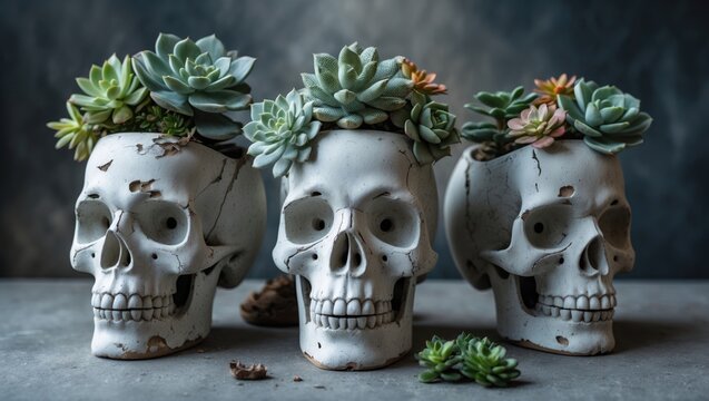 Skull-shaped planters in white featuring succulents, crafted from plaster and concrete. A unique floral arrangement for Halloween. Stylish minimalistic art with a selective focus.
