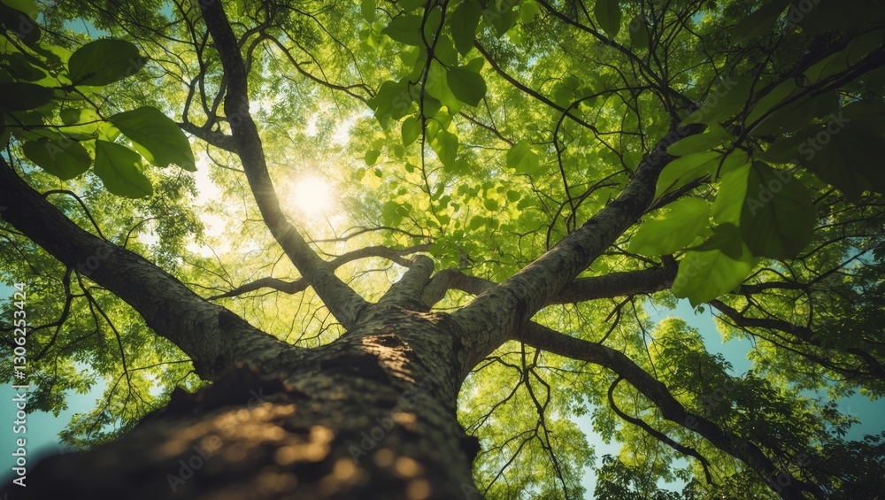 Poster a vibrant forest scene. sunlight filtering through greenery on a tree. bottom view looking up