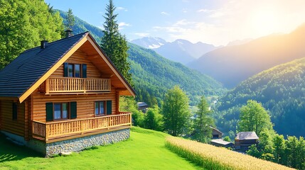 Obraz premium A wooden chalet nestled in a beautiful mountain forest landscape