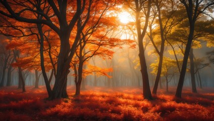 Fototapeta premium Vibrant autumn woodland landscape Radiant morning light through a tapestry of colorful trees, with sunlight streaming through the branches. Nature's beauty basking in sunlight.