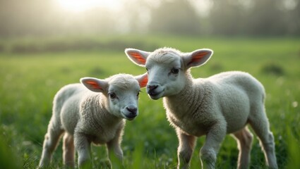 Fototapeta premium Two newborn lambs feeding from their mother, a ewe, in a picturesque green pasture. Spring season. Neat backdrop. Horizontal layout. Yorkshire, England.