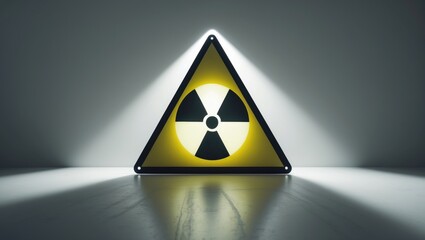 Triangular radioactive hazard sign displayed against a light background.