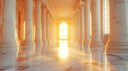 Golden light streams through grand hall columns creating serene ambiance. AI Generated