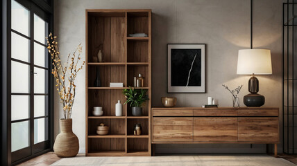 Fototapeta premium Wooden Console Cabinet Living Room Foyer Modern Contemporary Blank Wall Copy Room, simple, elegant which brings a very calm and elegant feel