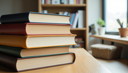 Fototapeta premium Neatly stacked books with a soft, cozy reading atmosphere.
