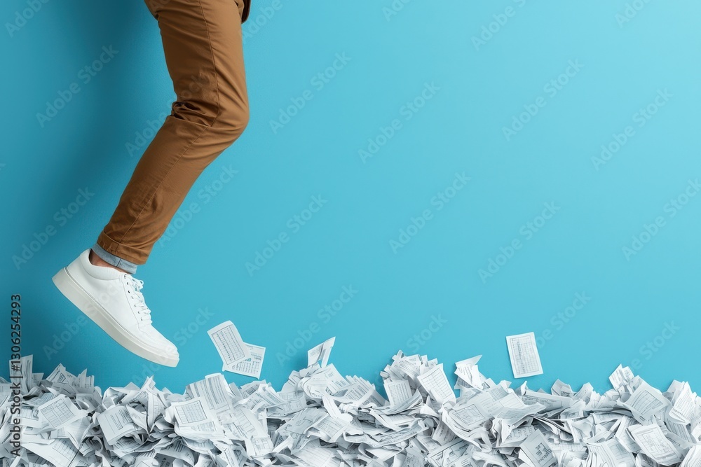 Poster crumpled paper pile on a minimalist blue background symbolizing the chaos and stress of a busy busin