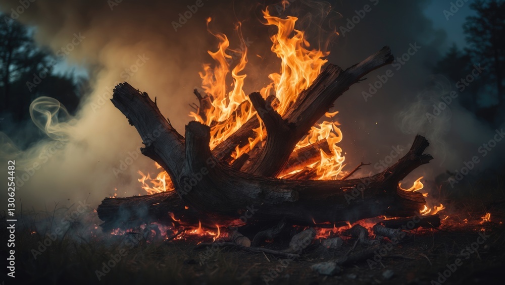 Poster detailed image of a bonfire with towering flames consuming a log
