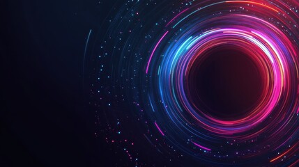 Obraz premium A vibrant, swirling digital design featuring a central black circle, surrounded by colorful light trails and particles on a dark background.