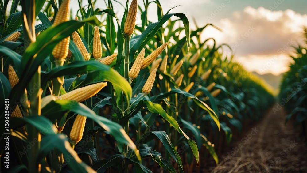 Aufkleber intimate view of a corn plantation. focused observation. rows of lush green corn during summer harve