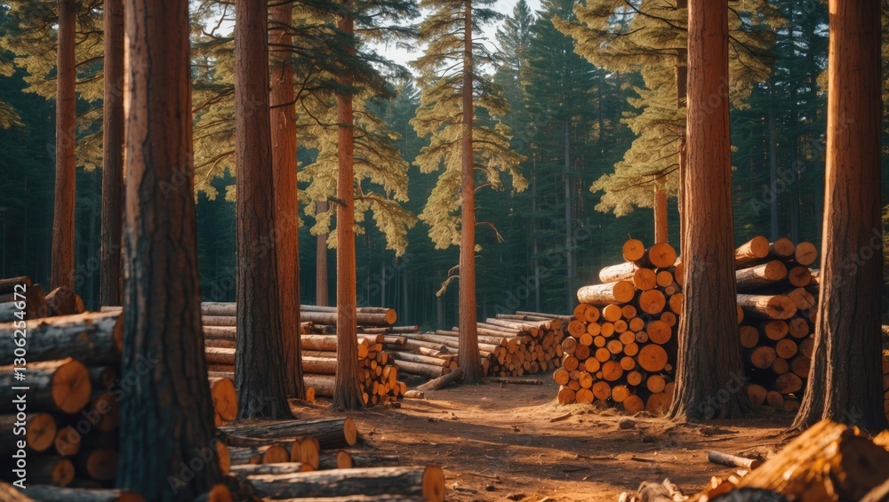 Poster pine and spruce forest trees with timber stacks. logging and forestry sectors depicted with a wide p