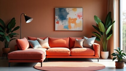 Terracotta or coral-themed sectional sofa featured in a stylish living area. The backdrop consists of dark beige walls, creating an ideal setting for an art gallery. A vibrant interior design mocku...