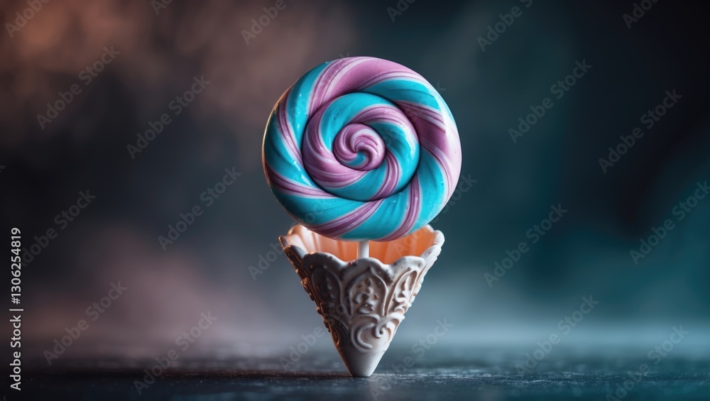 Poster vibrant meringue lollipop in a decorative cone. closeup featuring empty space for text.