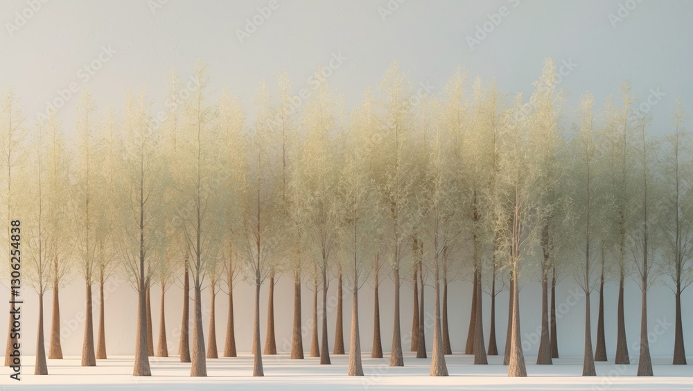 Poster a line of towering trees set against a light backdrop.