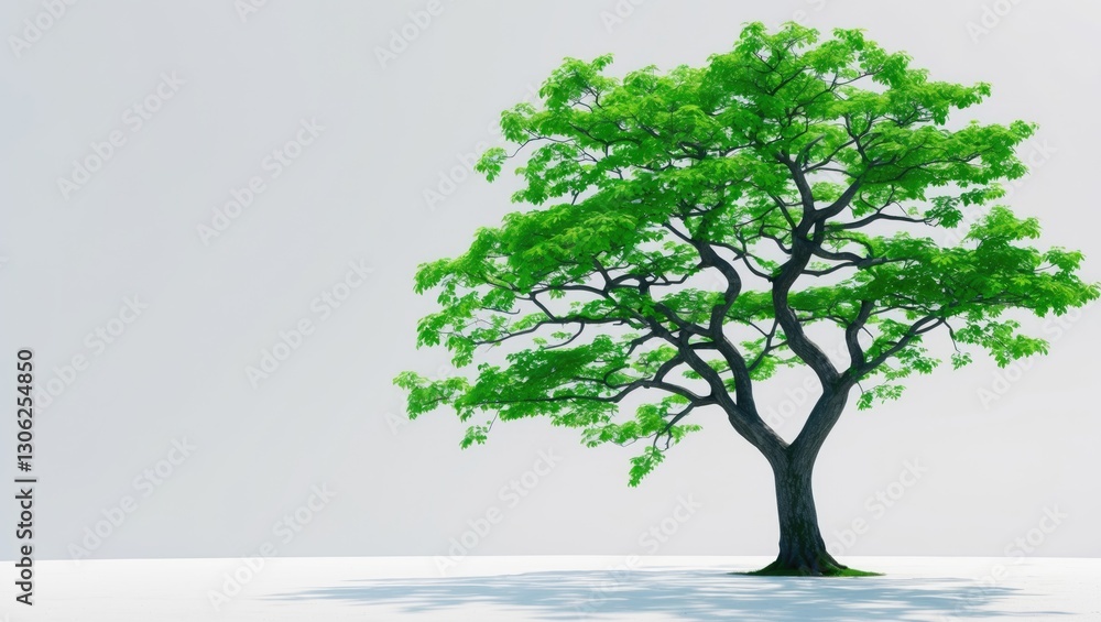 Poster a single vibrant green tree set against a light backdrop. isolated cluster of trees on a bright back
