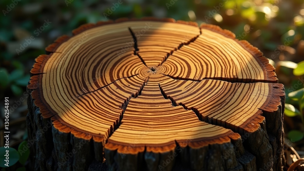 Poster cross-section of a tree stump featuring wavy lines and growth rings