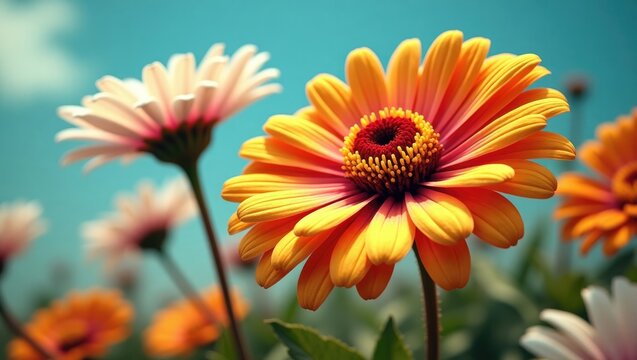 Zinnia elegans 'Pop Art Gold, Red White' is an attractive annual flower for gardens.