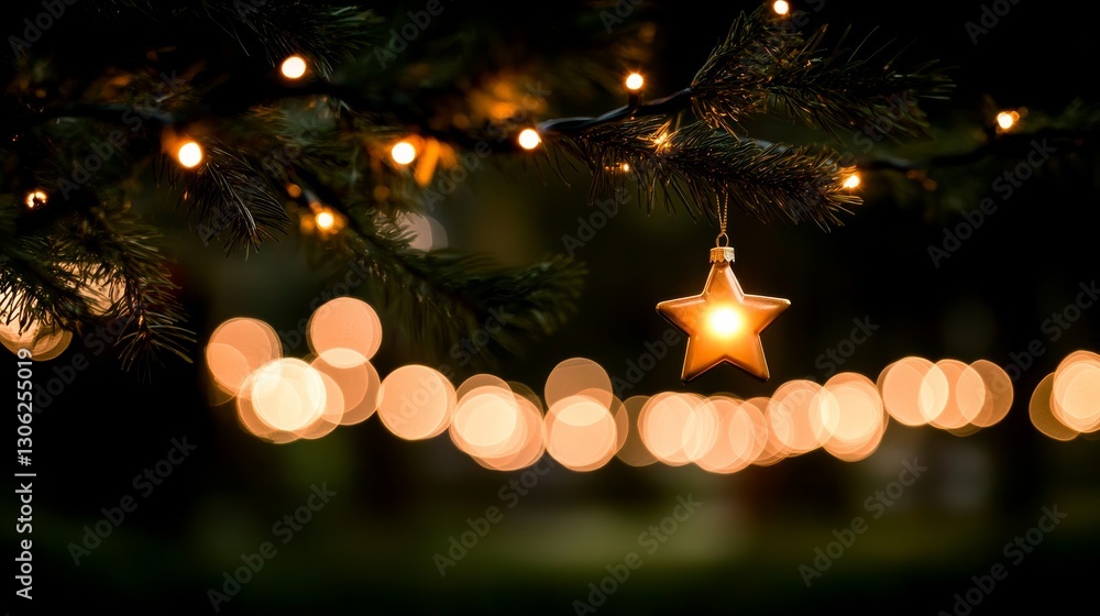 Poster a golden star ornament hangs delicately on a fir branch, illuminated by twinkling string lights that