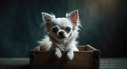Skeptical-looking white Chihuahua perched in a box, set against a dark background.