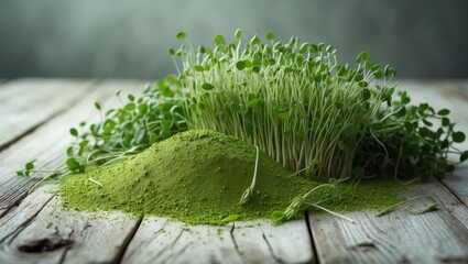 Fototapeta premium Wheatgrass powder alongside fresh green sprouts arranged on a rustic white wooden table. Space available for text.