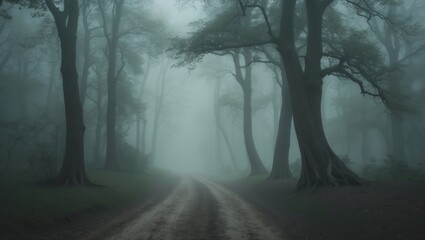 Obraz premium a trail through a misty tree-filled forest