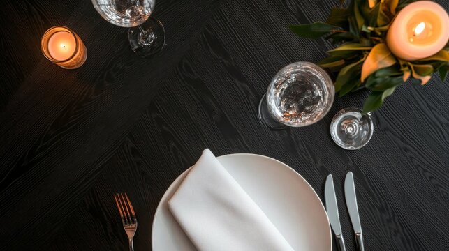 A carefully arranged fine dining table features white porcelain plates, shiny cutlery, crystal glasses, and a folded linen napkin, enhanced by a candle centerpiece