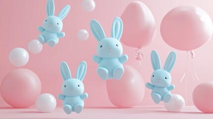 Fototapeta premium Blue cartoon rabbits with pink balloons and white spheres